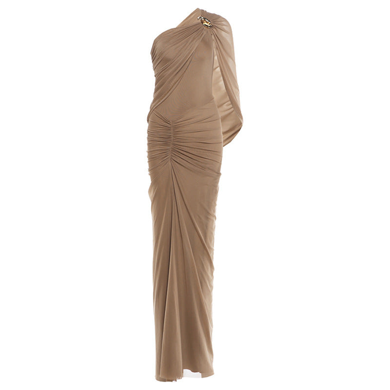 Women Vintage Pleated High Waist Irregular Hem Long Dress Sleeveless Slim Fit Casual Maxi Dress
