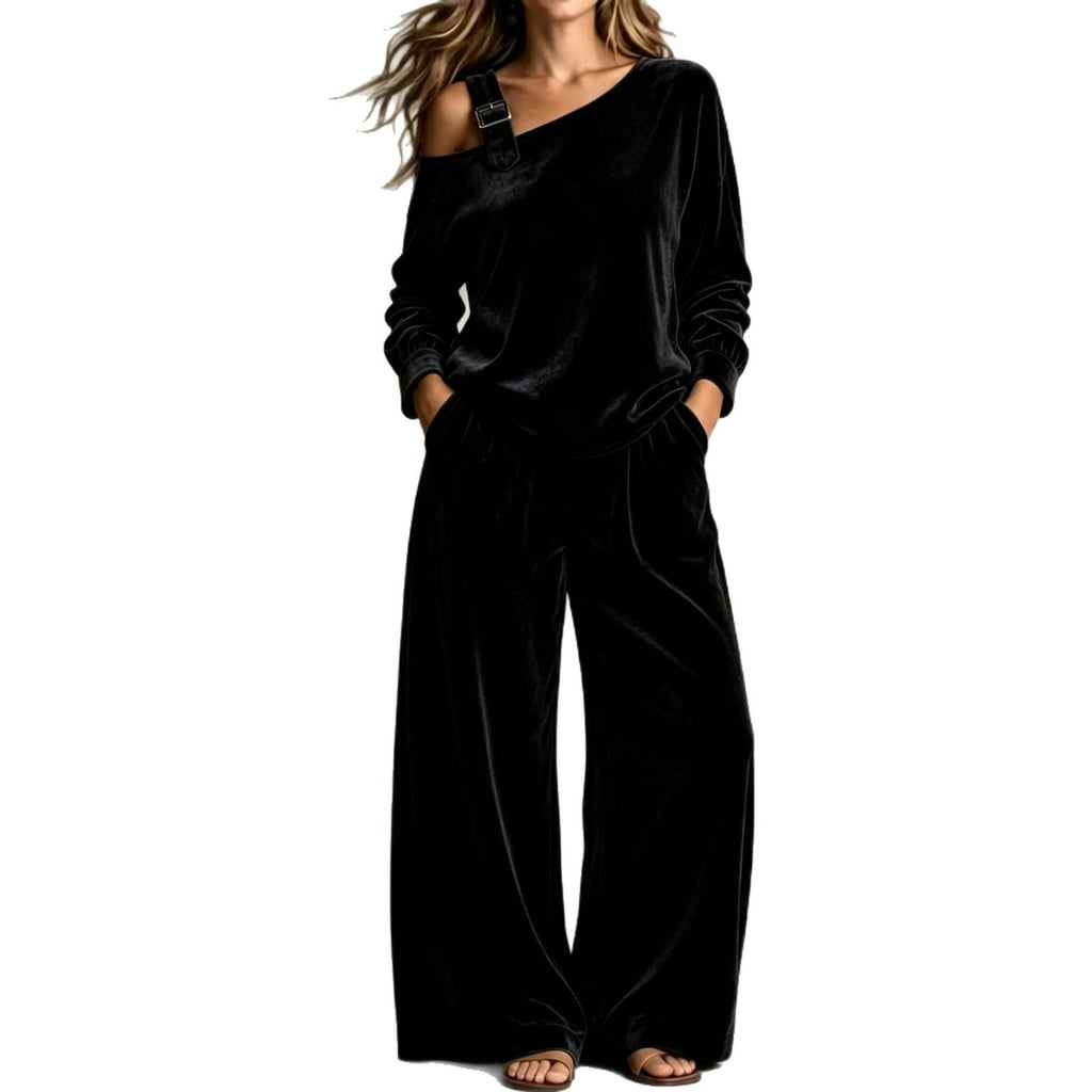 Women's Velvet One-Shoulder Long Sleeve Two-Piece Casual Pantsuit Set