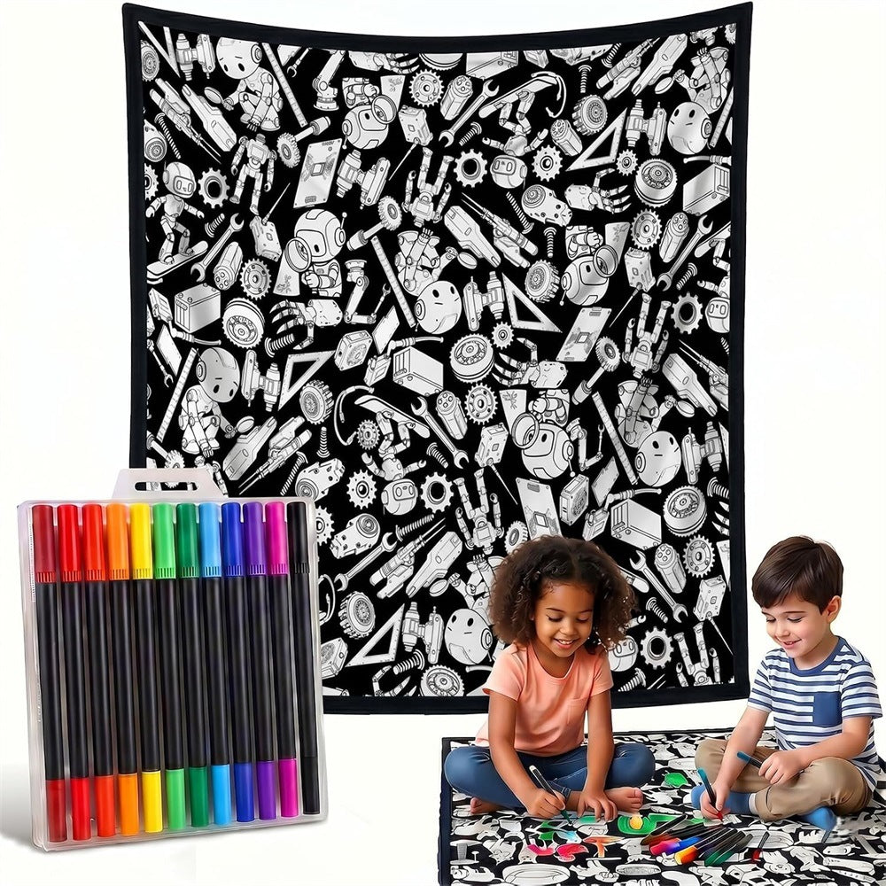 Black and white line-drawn graffiti rug