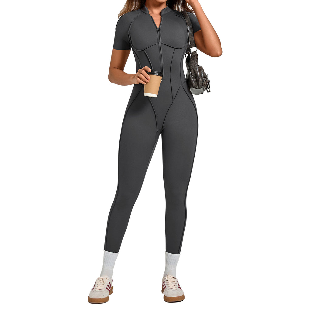 Stand-Up Collar Half-Zip Short-Sleeve Jumpsuit