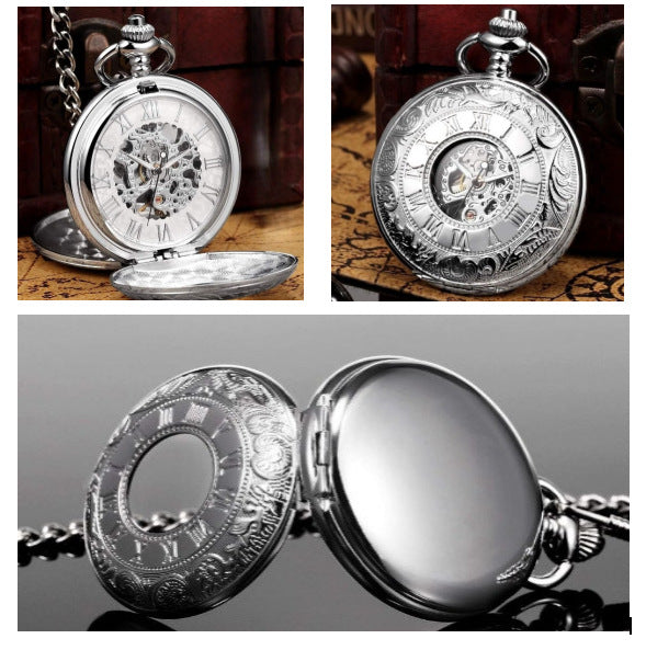 Engraved Mechanical Pocket Watch with Alloy Chain
