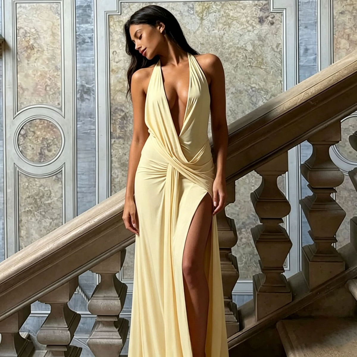 Deep V-Neck Halter Ruched Backless Dress