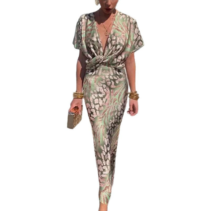 Summer Fashion Knotted Print V-Neck High-Waist Dress