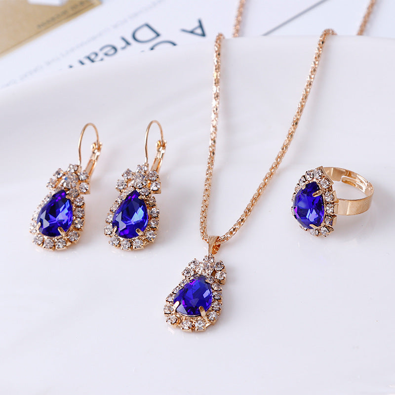 European and American Personalized Water Drop Rhinestone Necklace Earrings Ring Set