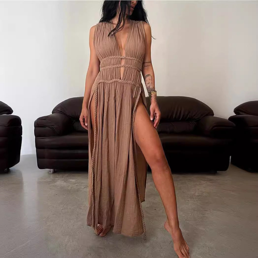 Sleeveless Braid Belt Cut Out Slit Long Skirt