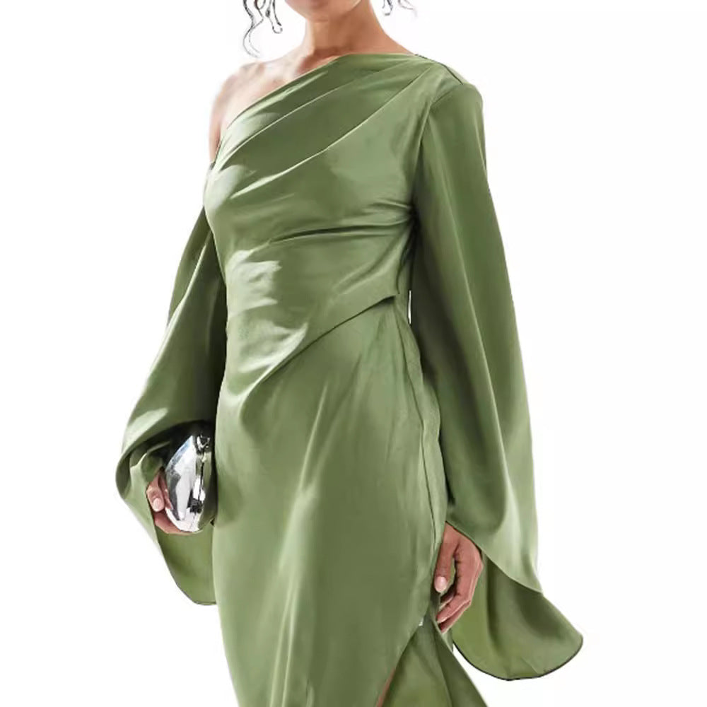 Women's Satin Women's Maxi Dress ? Green Asymmetrical Hem Satin Maxi Dress