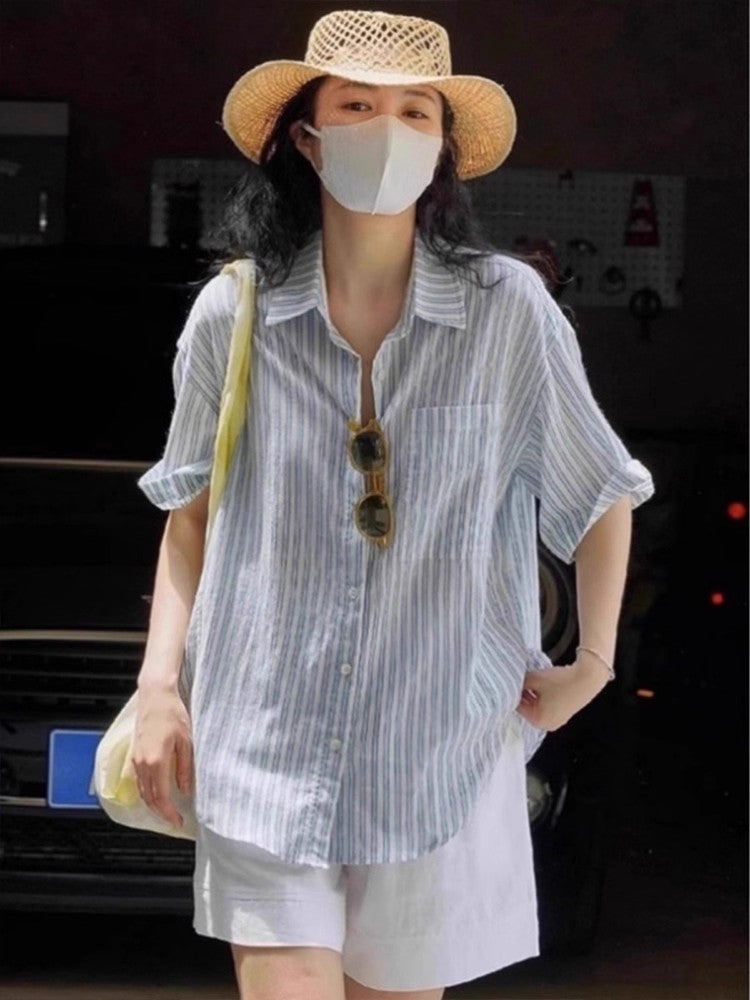 Blue White Striped Cotton Linen Short Sleeve Shirt