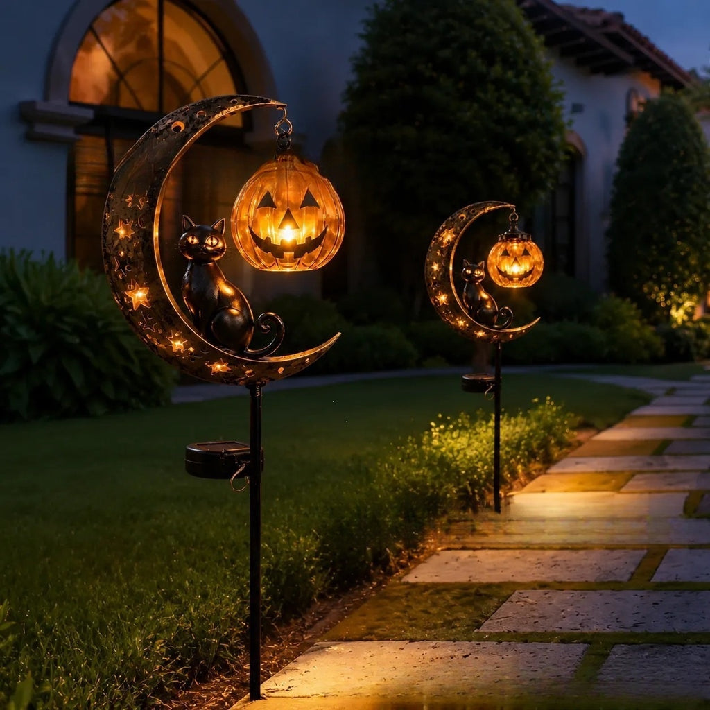 Solar Black Cat Pumpkin Stake Light