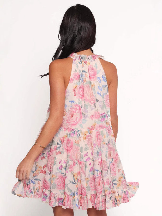 Halterneck Sleeveless Printed A-Line Dress