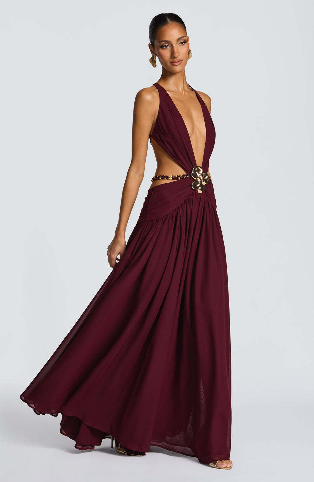 Halterneck Deep V Back Lace Up High Slit Dress
