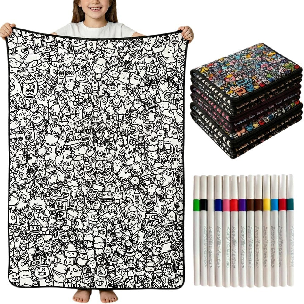 Black and white line-drawn graffiti rug