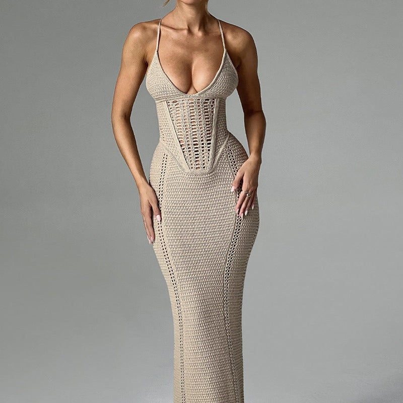 Womens V-Neck Backless Knitted Dress