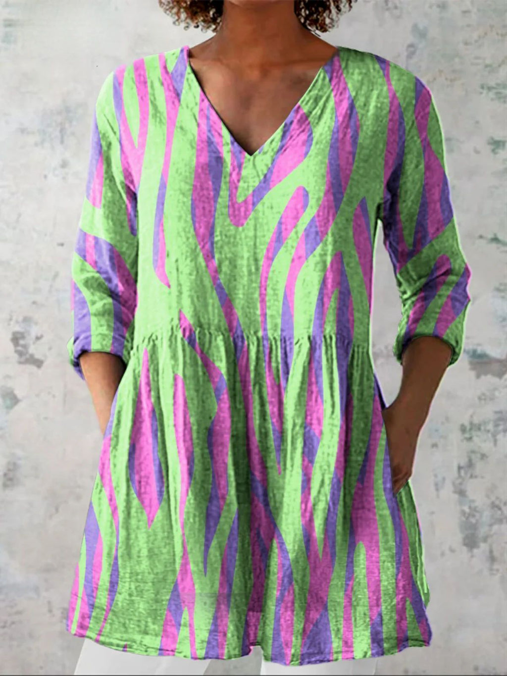 Womens 3D Printed Loose V-Neck Short Sleeve Dress