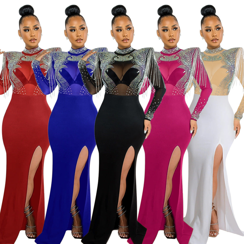 Womens Mesh Rhinestone Slim Fit Dress