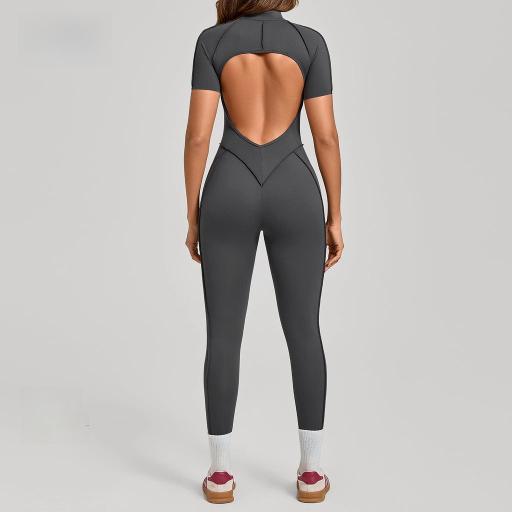 Stand-Up Collar Half-Zip Short-Sleeve Jumpsuit