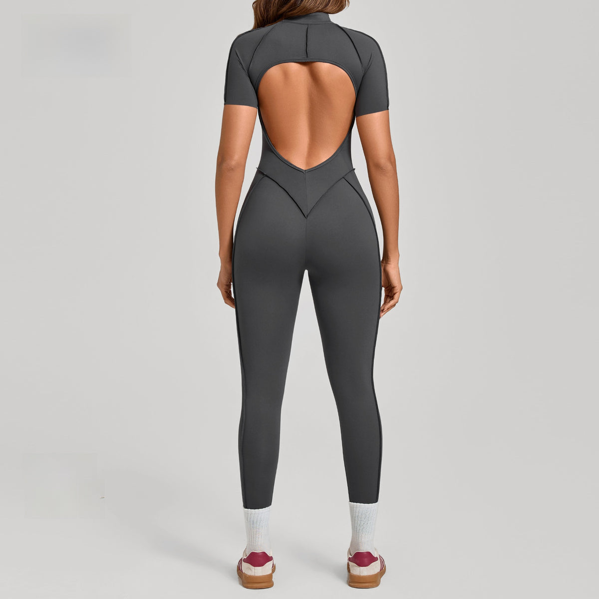Stand-Up Collar Half-Zip Short-Sleeve Jumpsuit
