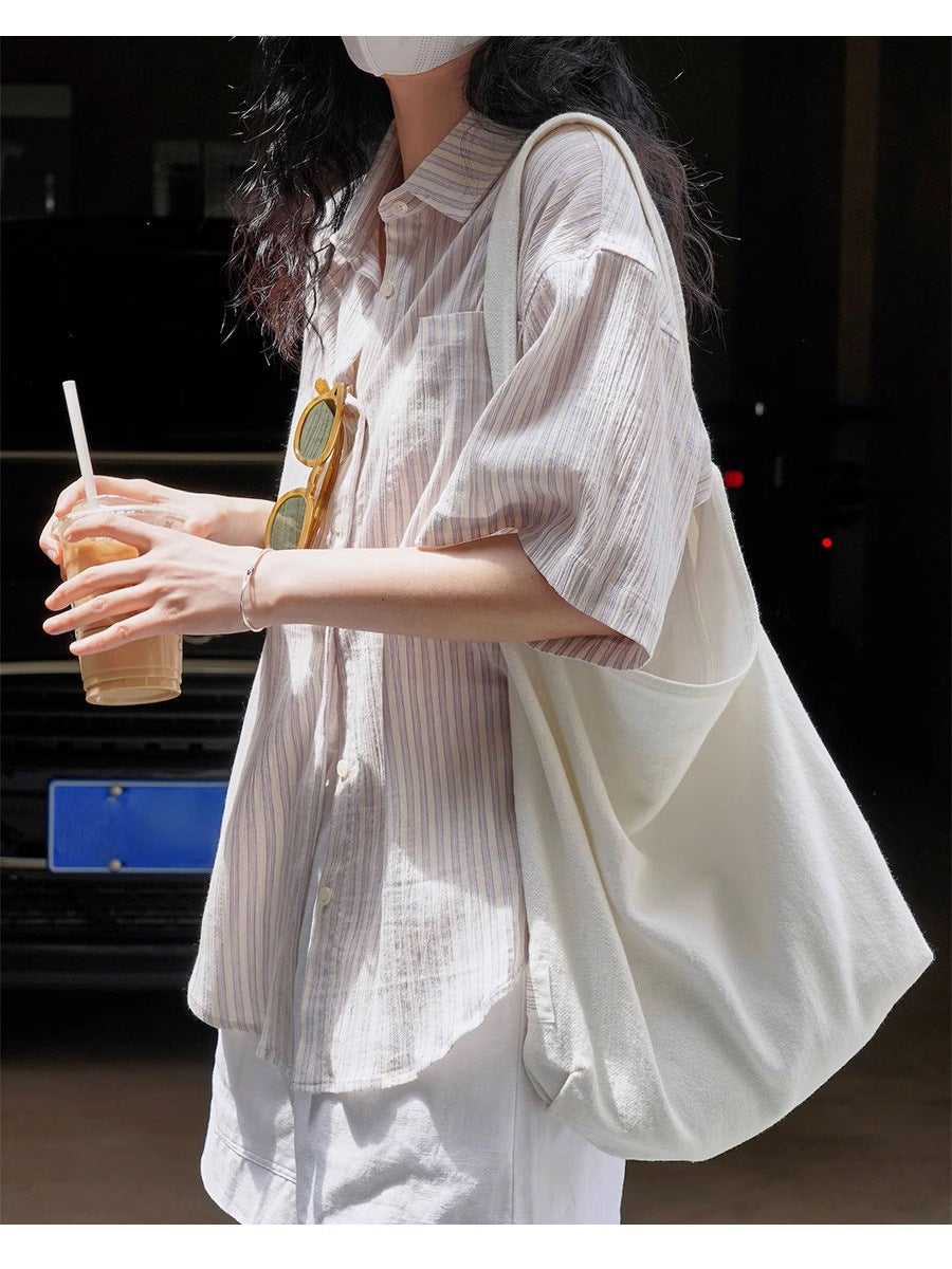 Blue White Striped Cotton Linen Short Sleeve Shirt