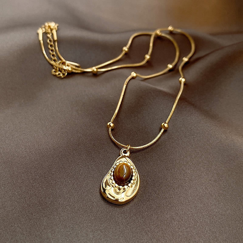 Retro Tiger Eye Pendant Titanium Steel Chain Necklace