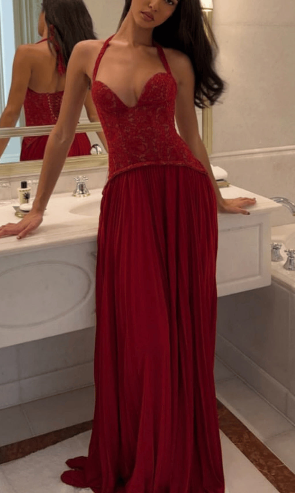 Womens Halter Backless Low Neck Waist Cinching Ruched Pleated Dress