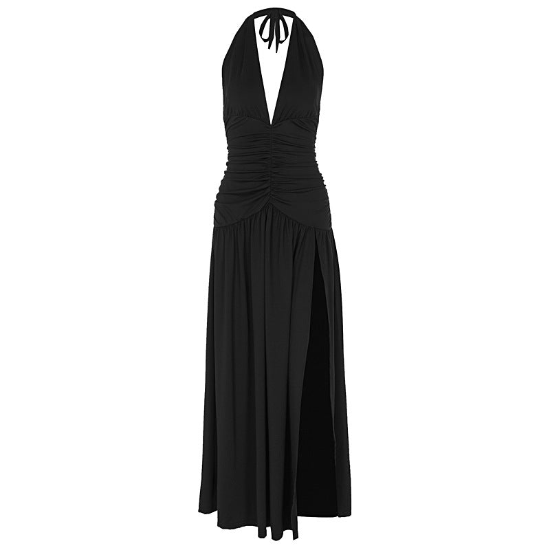 New Sexy V-Neck Slim-Fit Hot Girl Pure Color Halter Neck Slit Dress