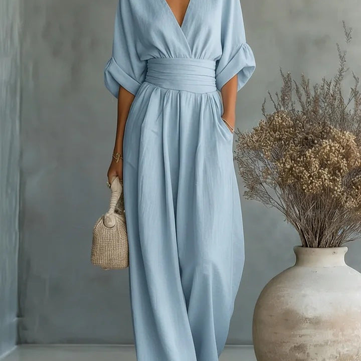 Elegant V Neck Waist Cinching Women Jumpsuit
