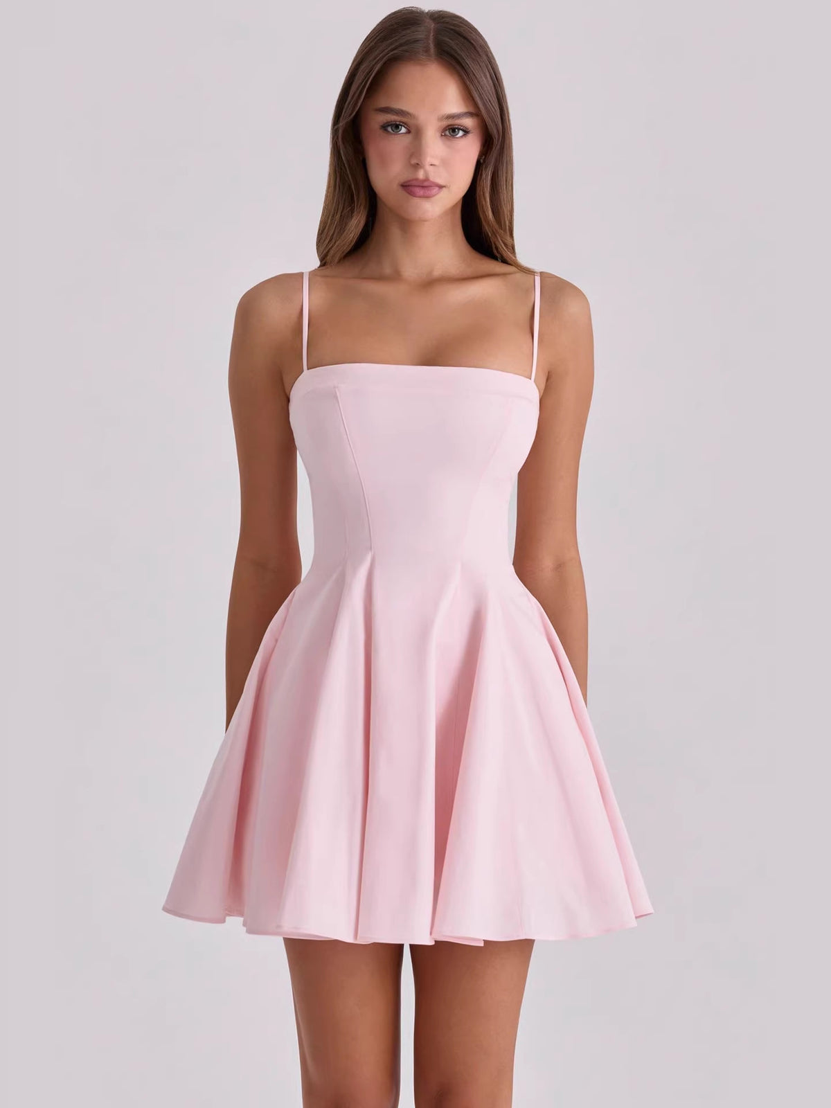 Popular Spaghetti Strap Waist-Cinching A-Line Short Dress French-Style Fishbone Waist-Slimming Dress