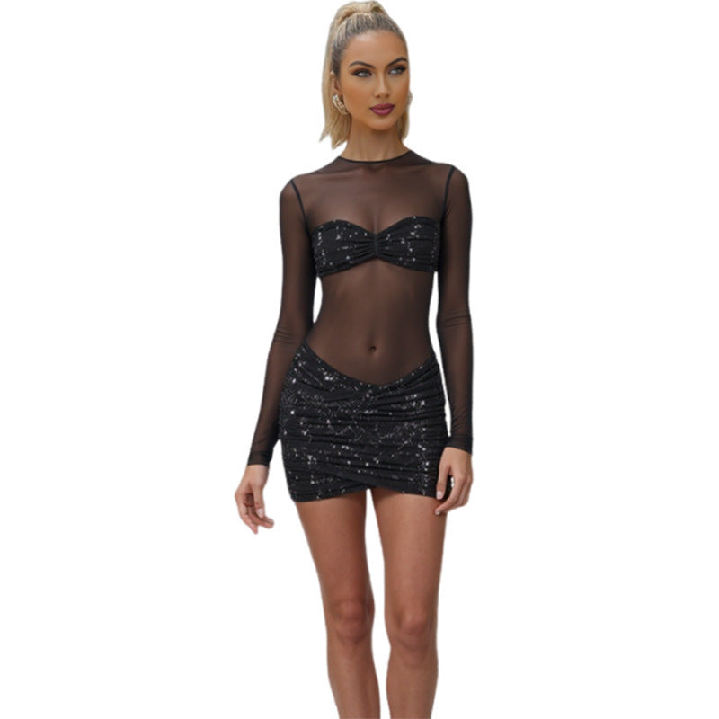 Womens Mesh Spliced Slim Fit Dress
