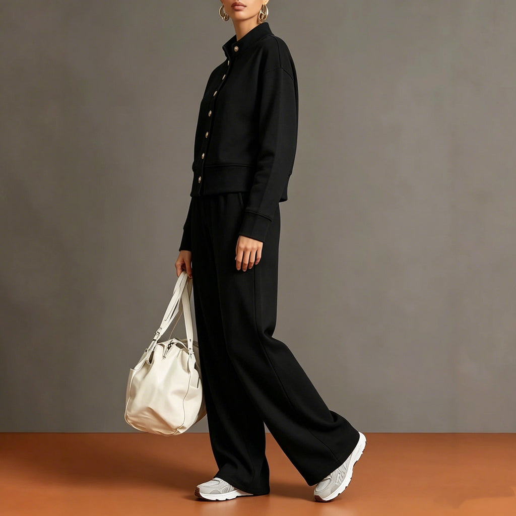 Women's Solid Color Stand Collar Sweatshirt and Wide Leg Pants Casual Two Piece Set