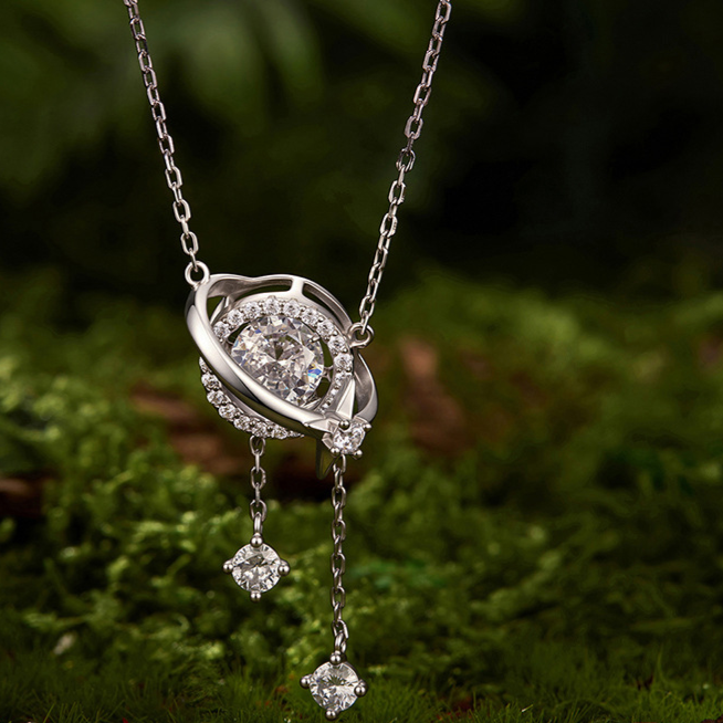 S925 Sterling Silver Dynamic Planet Pendant Necklace with 1 Carat Moissanite
