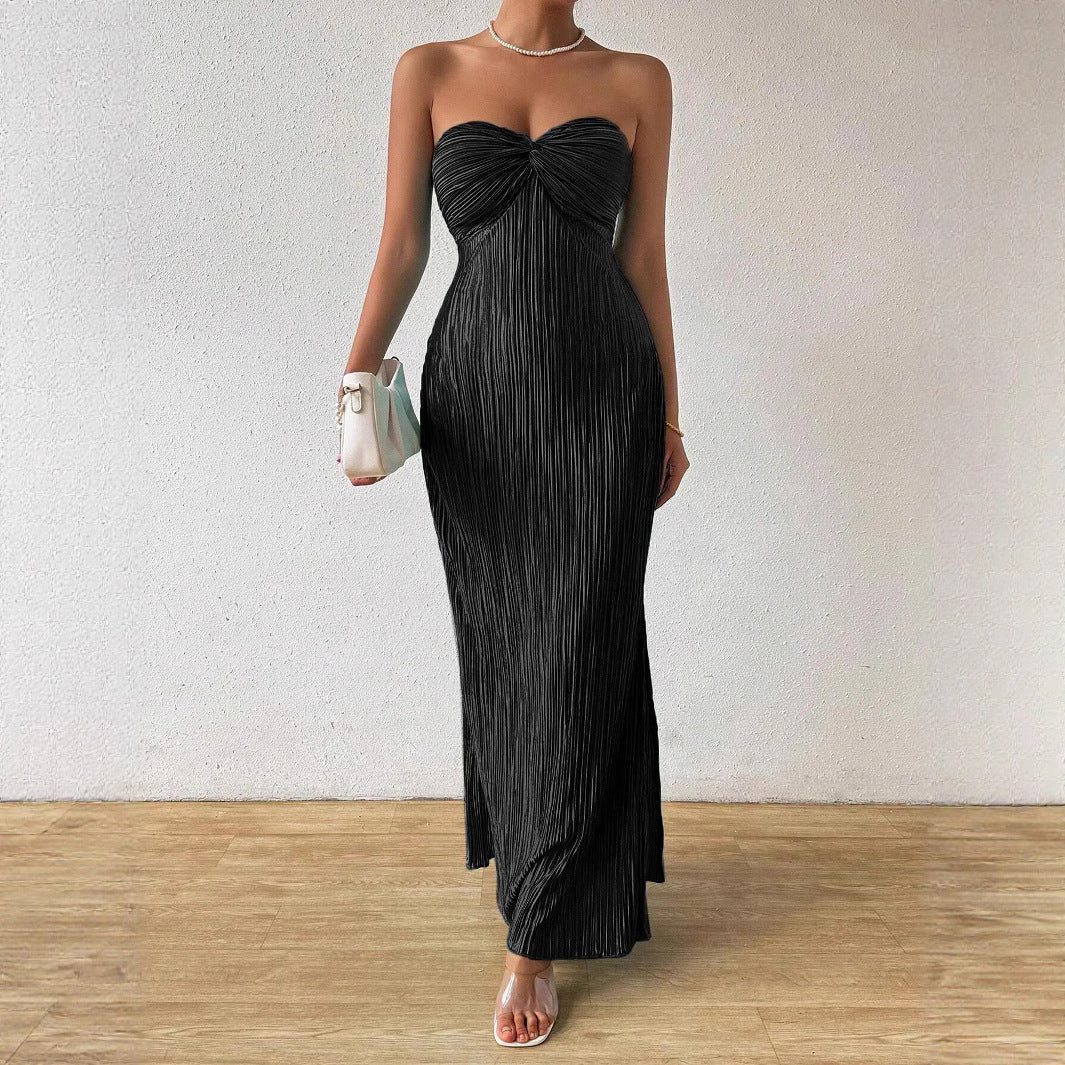 Tube Top Pleated Long Dress with Bow Detail