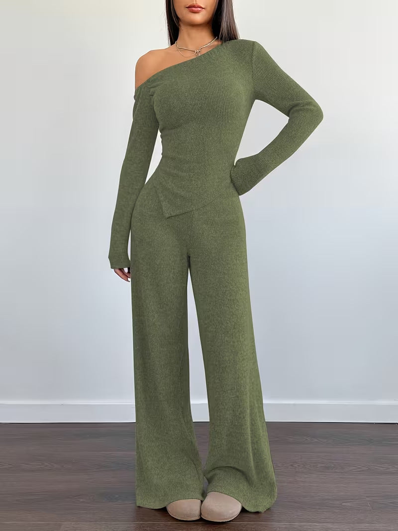 Women One Shoulder Knitted Top and Pants