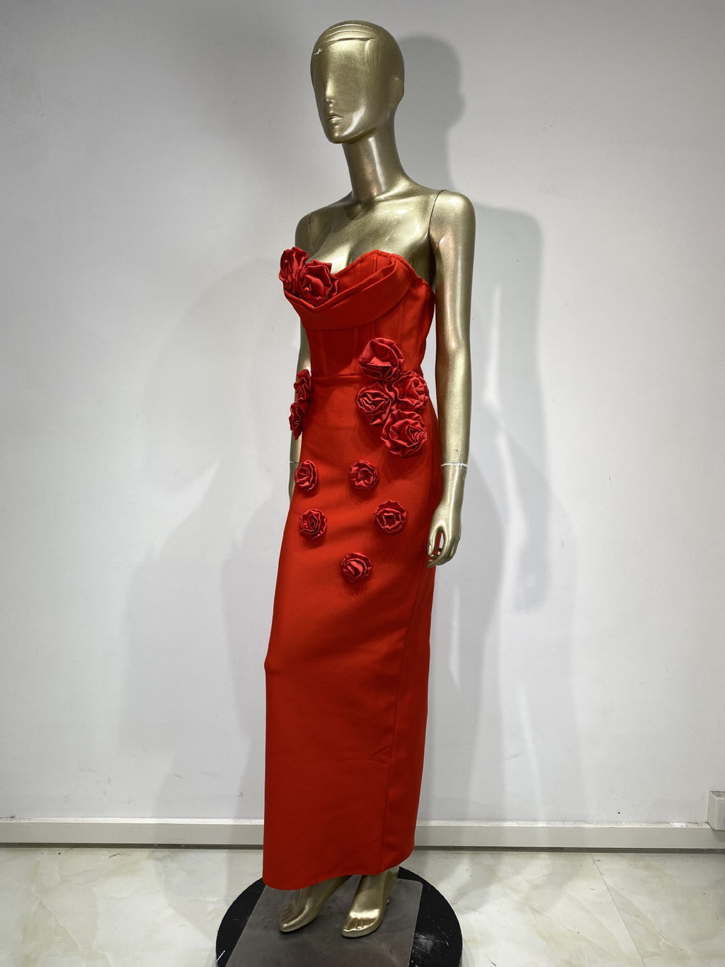 Womens Floral Applique Strapless Long Dress