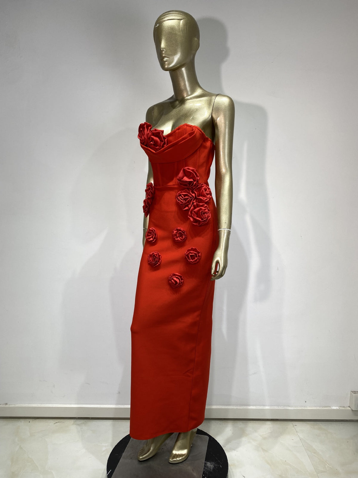 Womens Floral Applique Strapless Long Dress