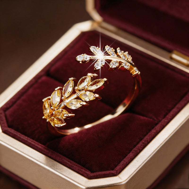 Fashion Creative Design Leaf and Wheat Ear Open Ring, Exquisite Light Luxury Everyday Versatile Casual Accessory