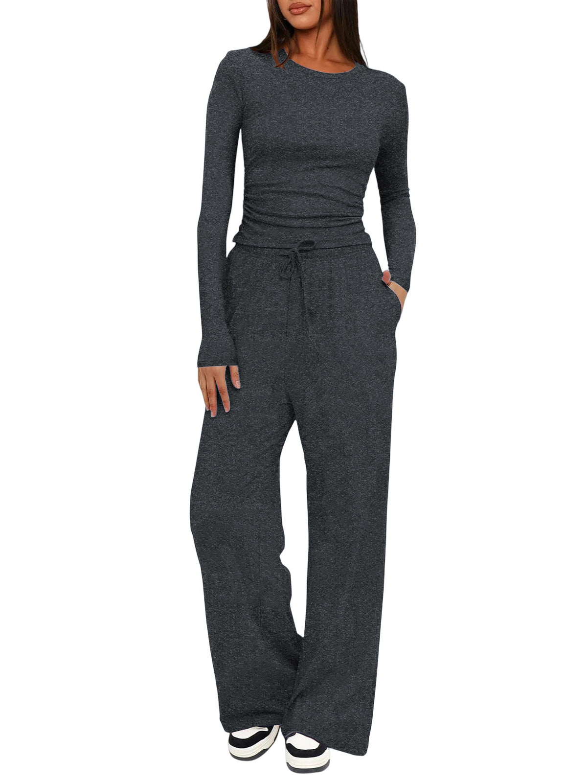 Solid Color Long Sleeve Top and High Waisted Wide Leg Pants Sportswear Set