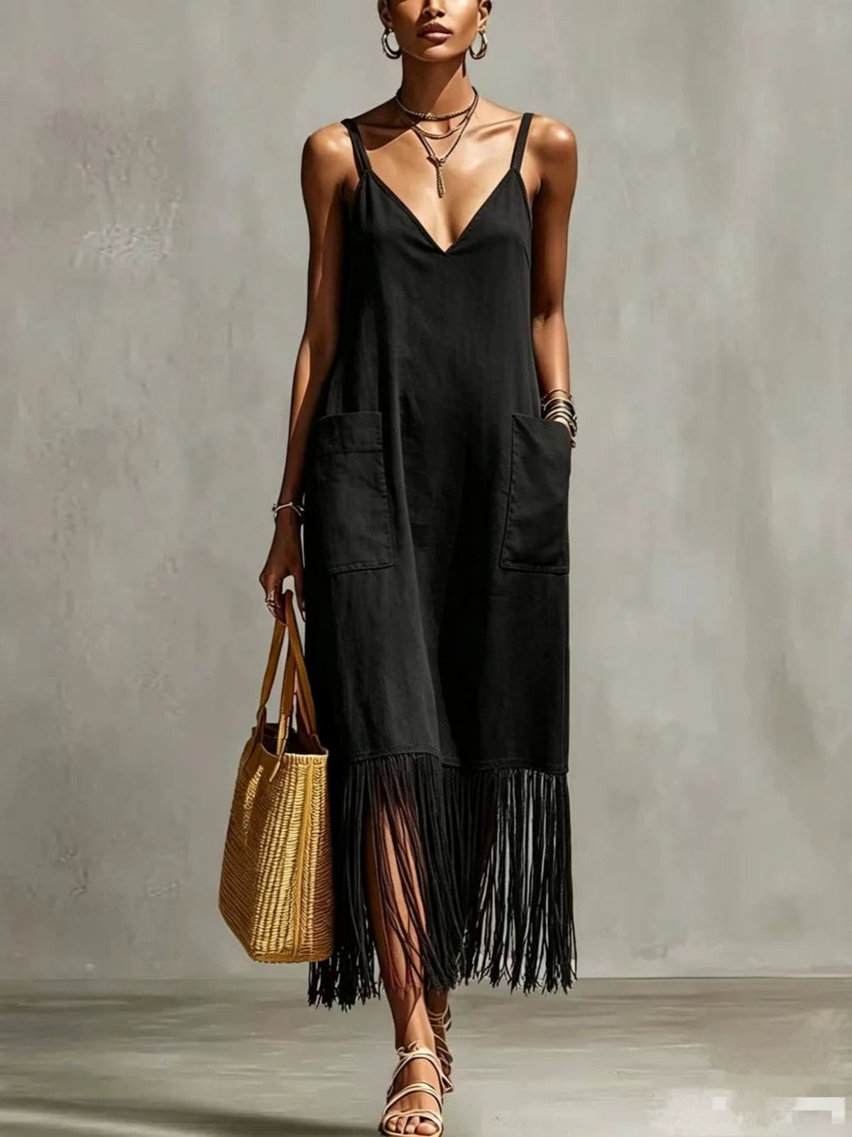V-Neck Sleeveless Tassel Dress