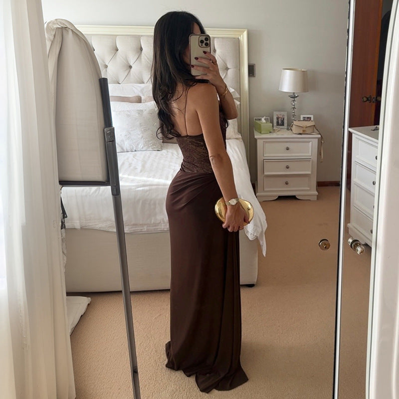 Women Solid Color Spaghetti Strap Lace Slim Fit Patchwork Dress