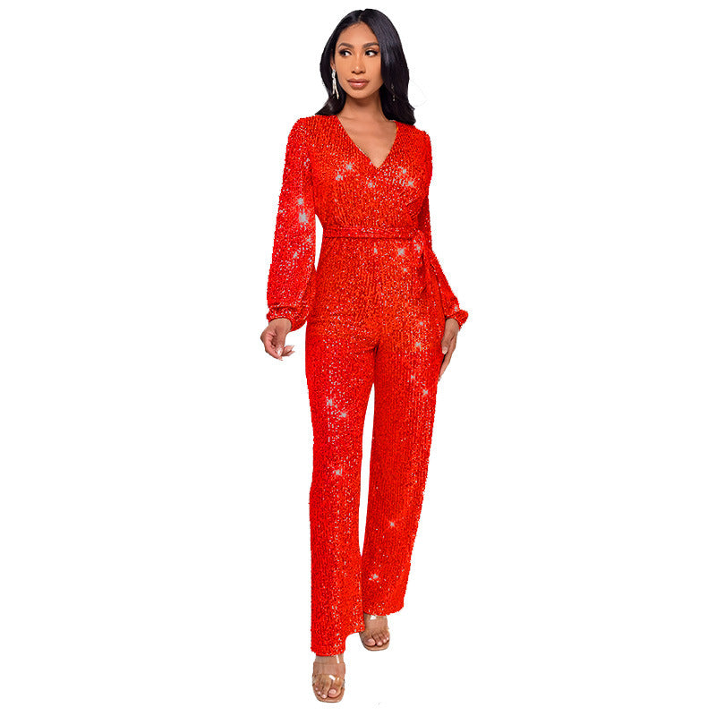 Women's Long Sleeve Deep V Neck Jumpsuit with Sequined Belt