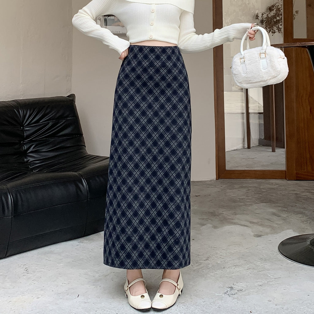 Vintage Plaid High Waist Slit Long Skirt