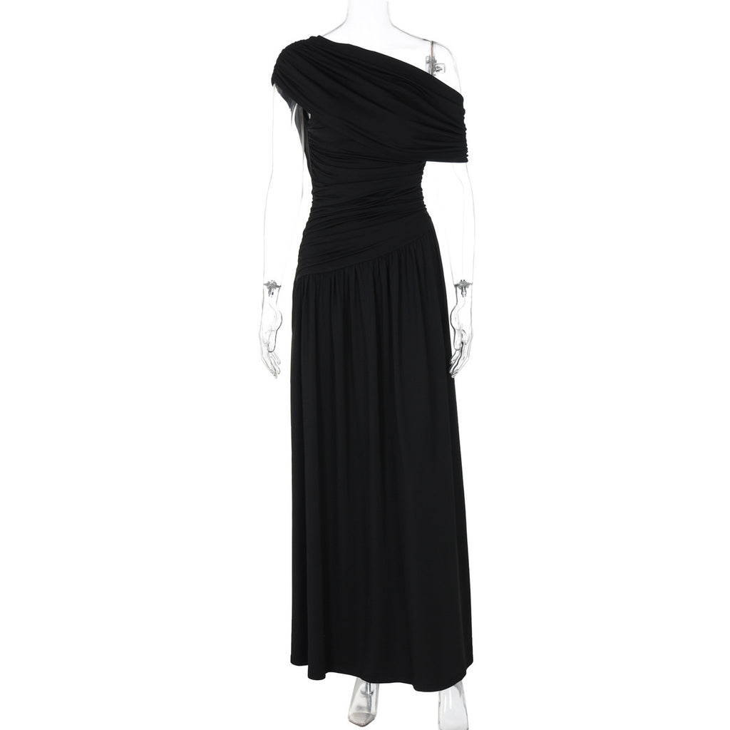 Womens Slant Collar Pleated Dress