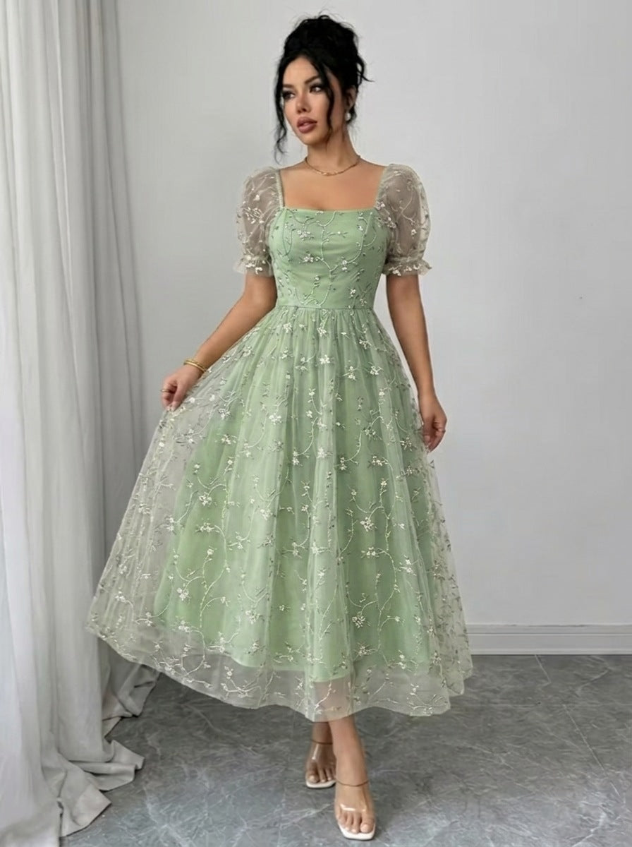 Womens Square Neck Puff Sleeve Embroidered Mesh Midi Dress