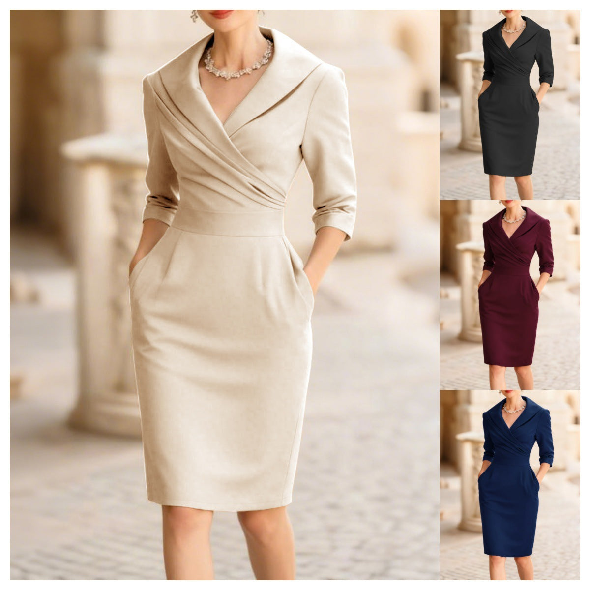 Womens Elegant V Neck Long Sleeve Slim Waist Mid Length Dress
