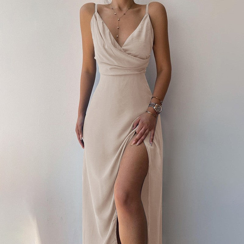 Womens V-Neck Suspender Slit Dress