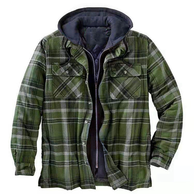 Mens Plaid Hooded Quilted Jacket