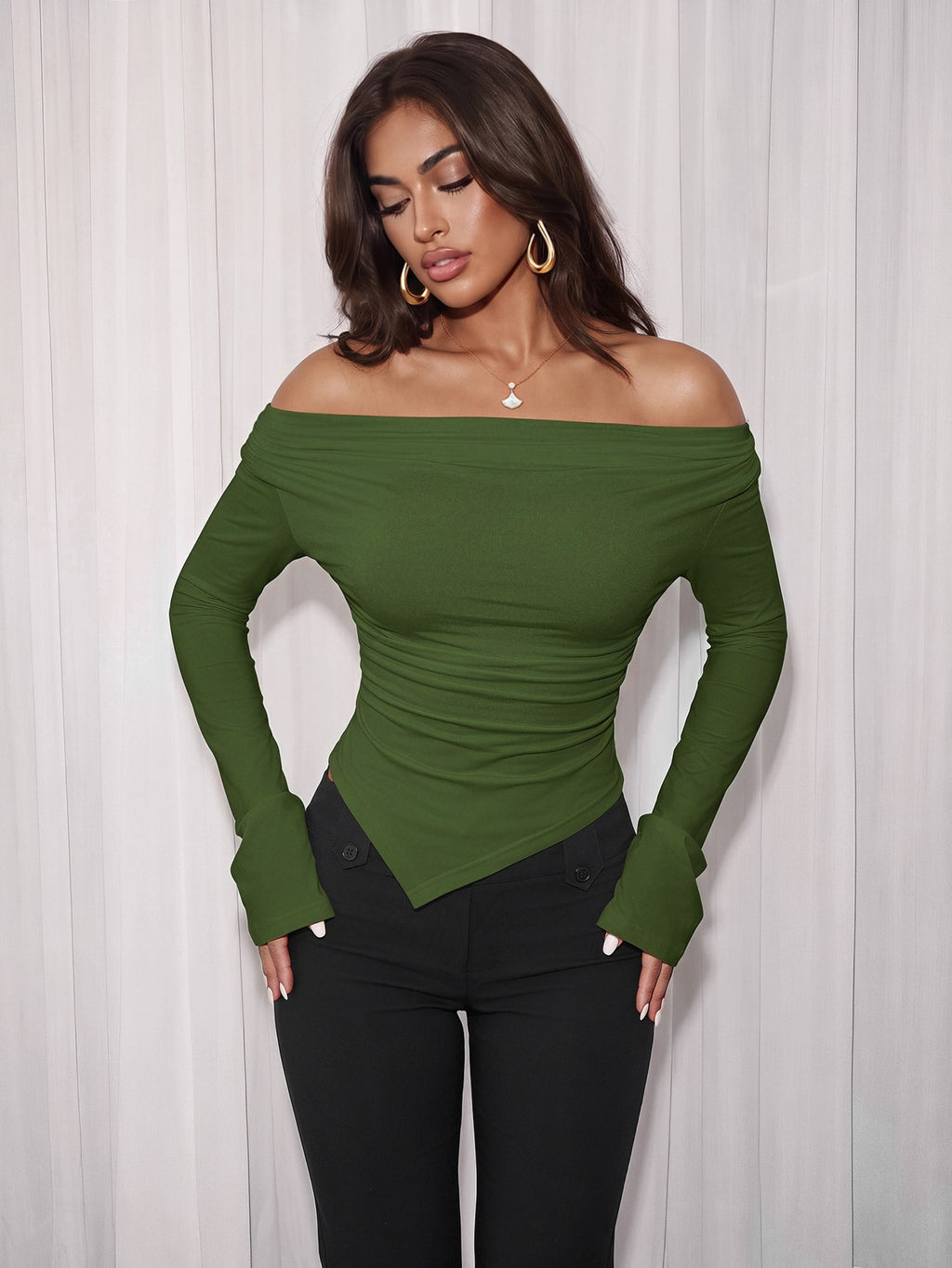 Women's Off-Shoulder Long Sleeve Ruched Slim Fit Knit Top