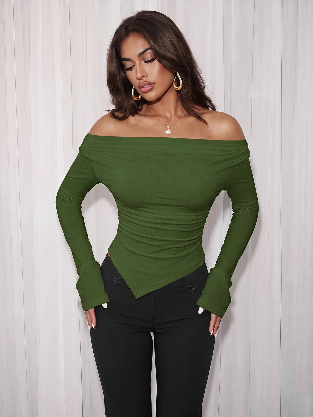 Women's Off-Shoulder Long Sleeve Ruched Slim Fit Knit Top