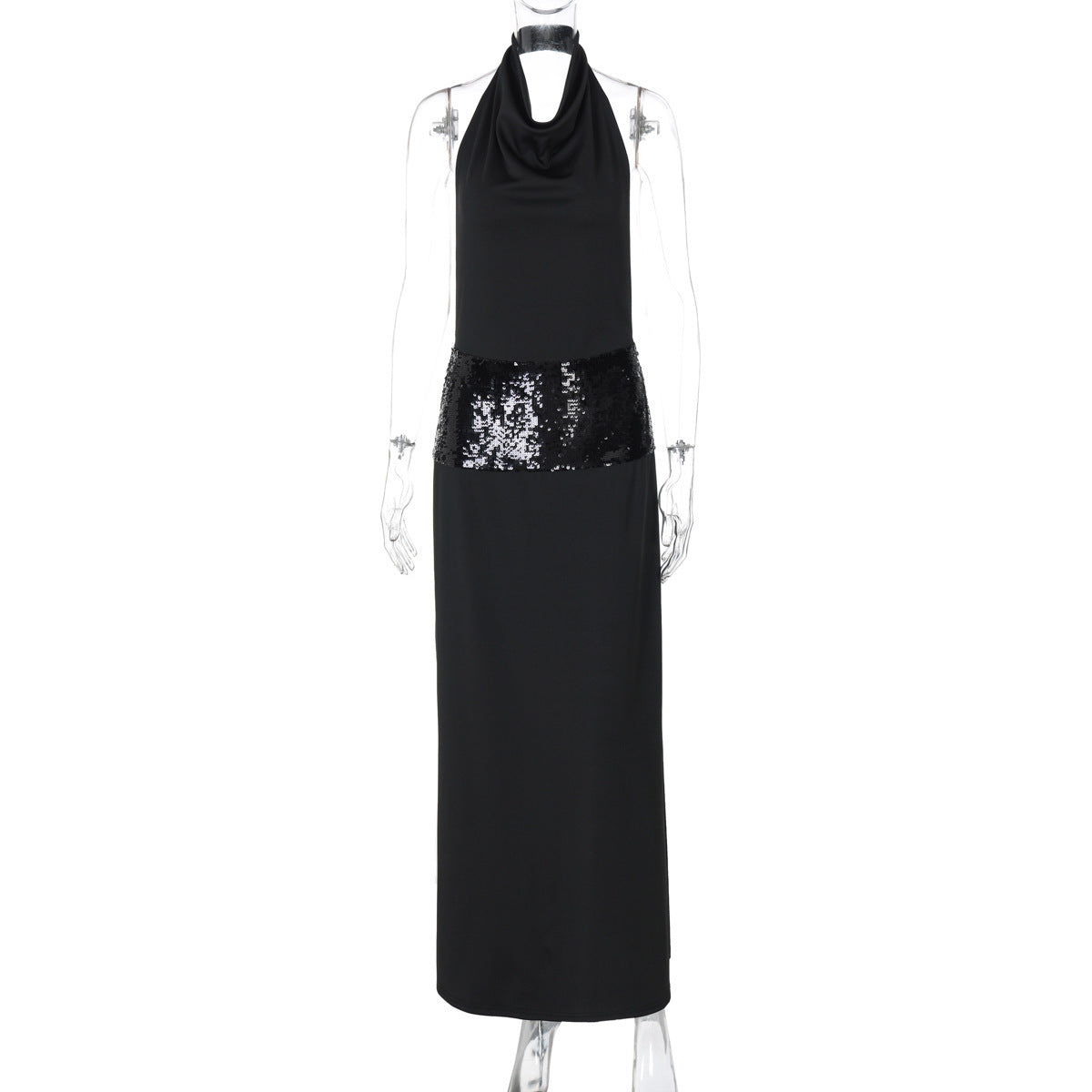 Swing Collar Back Cut Out Sequin Girdle Dress