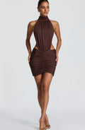 Women's Halter Neck Cut-Out Ruched Bodycon Mini Dress Sleeveless
