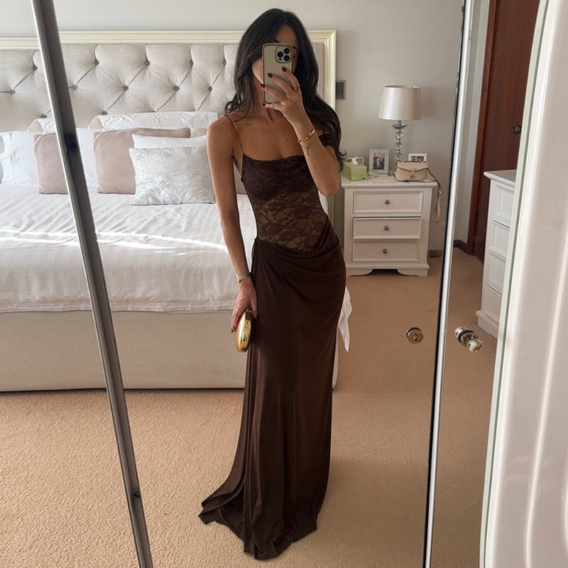 Women Solid Color Spaghetti Strap Lace Slim Fit Patchwork Dress