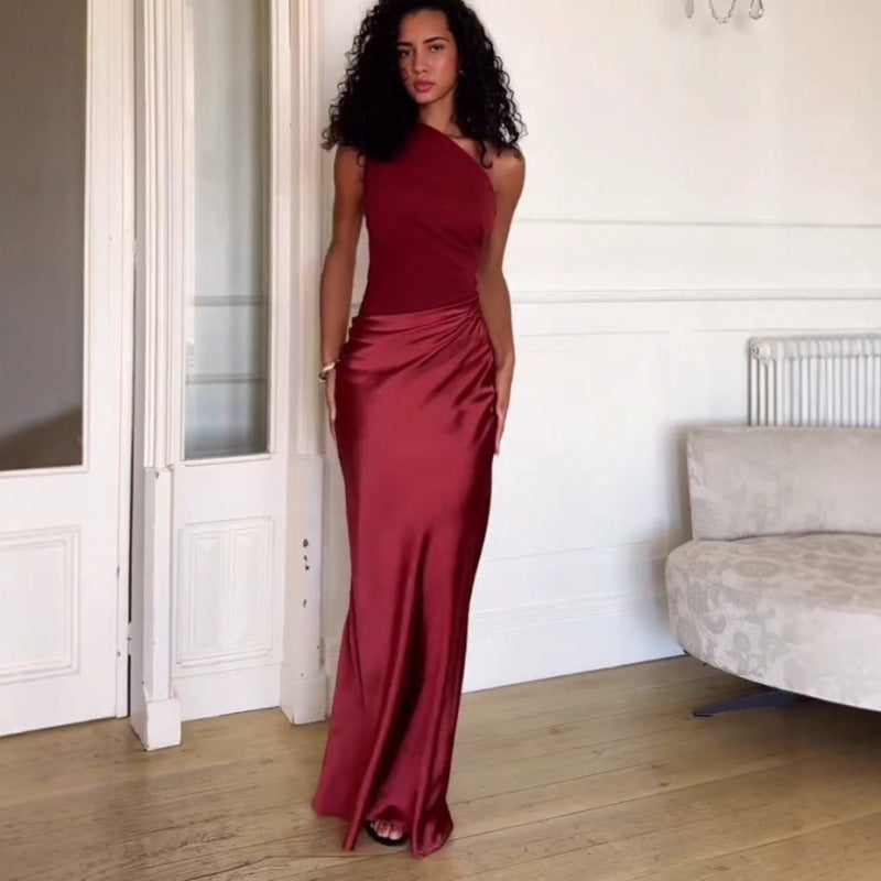 Diagonal Neckline Sleeveless Satin Long Dress